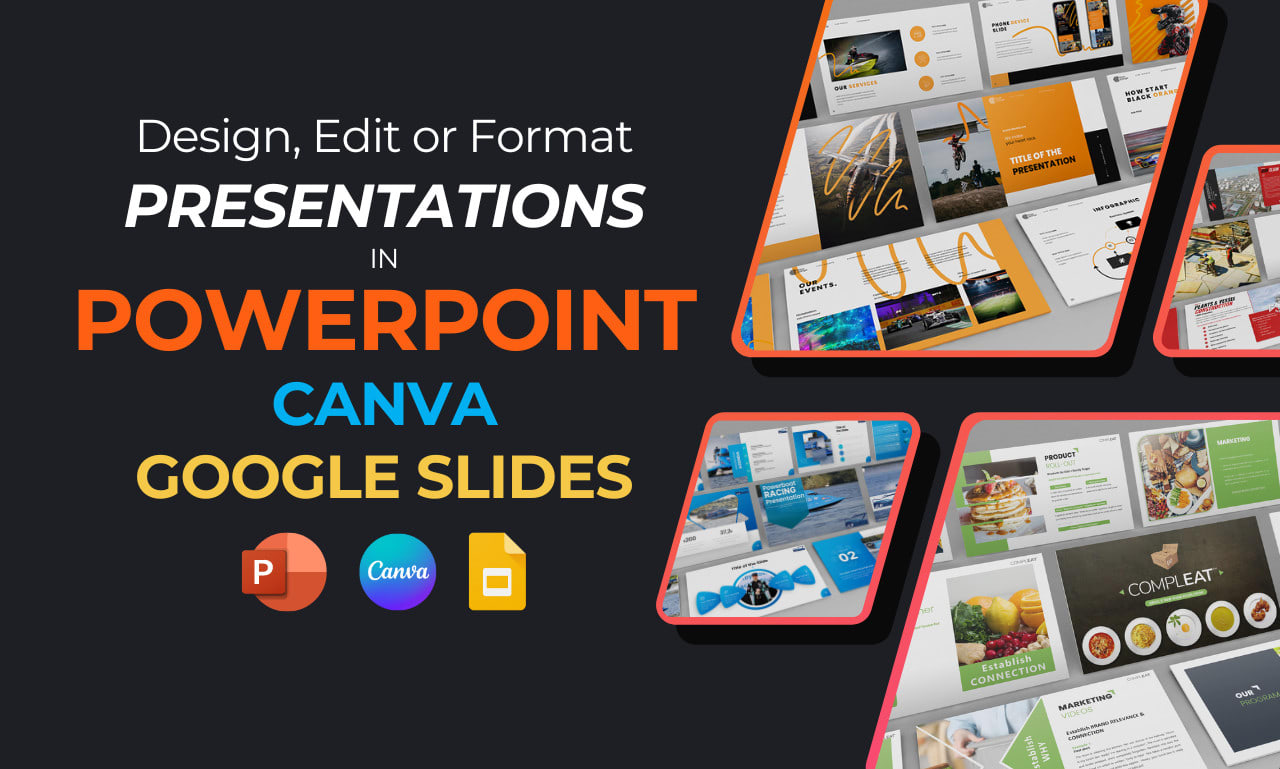 I will design, edit and format presentations in powerpoint, canva or google slides